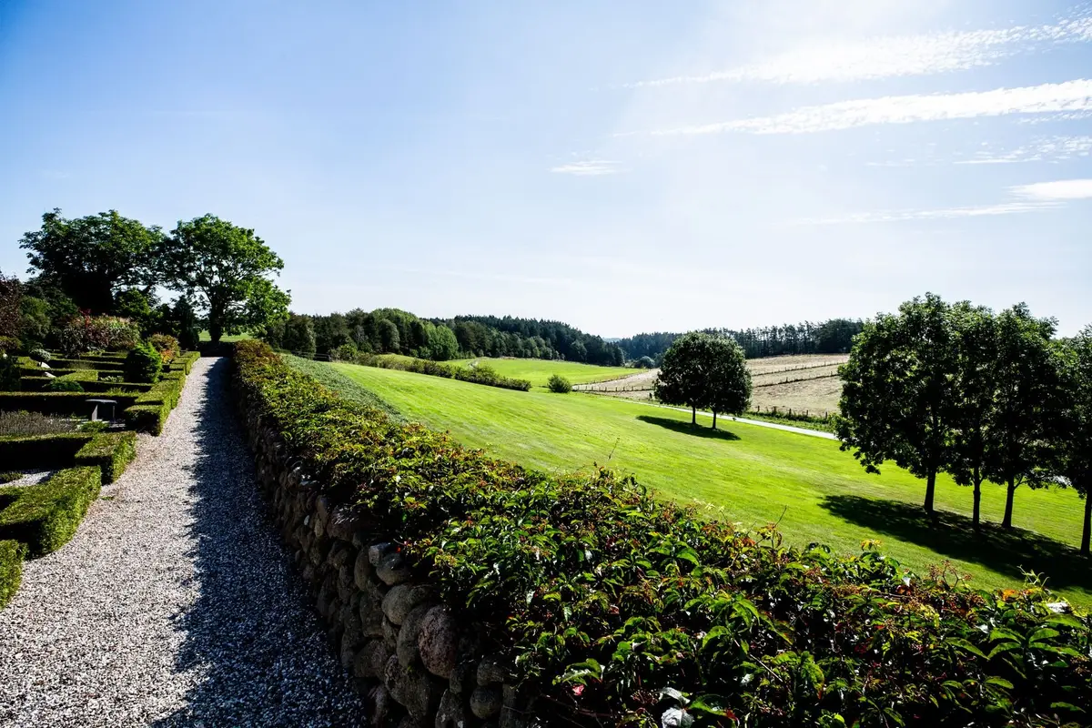 A neatly cut lawn beside a gravel path and trimmed garden borders